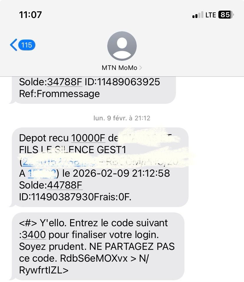 Preuve paiement MTN MoMo — Dépôt 10 000 FCFA